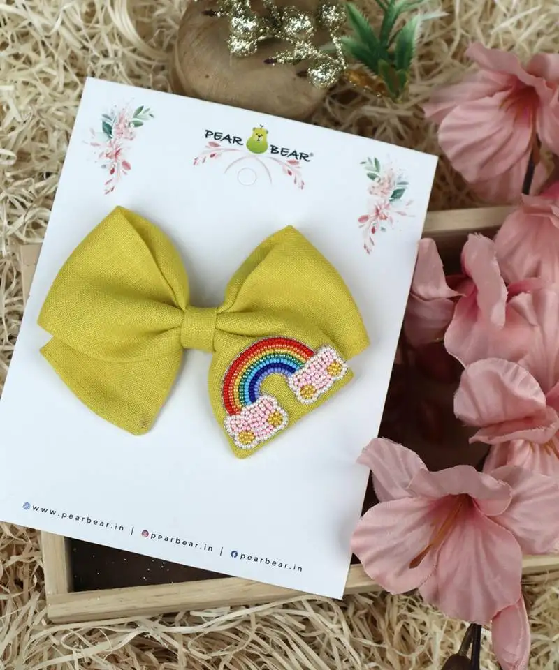 Yellow pearl linen hair bow