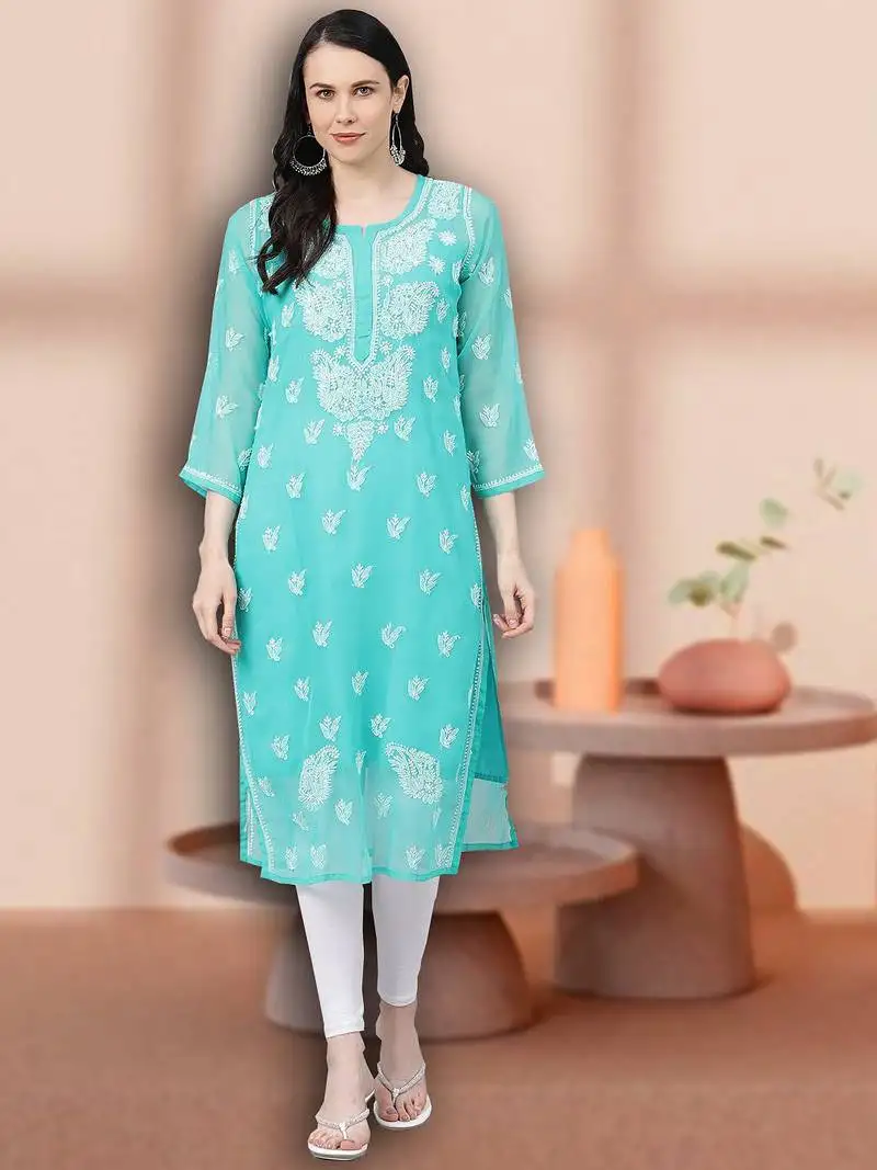 Hand embroidered sea green georgette lucknowi chikankari straight kurta with slip