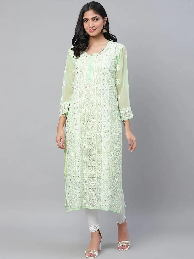 Hand embroidered green georgette lucknowi chikankari straight kurta and slip with gota patti work