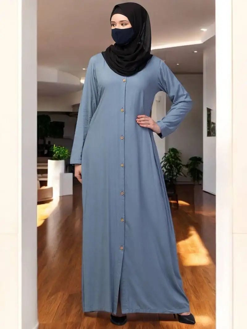 Grey elegant front open abaya dress with wooden button