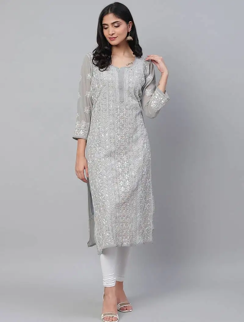 Hand embroidered grey georgette lucknow chikankari straight kurta and slip with gota patti work