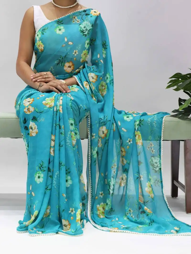 Turquoise floral printed weightless saree with unstitched blouse