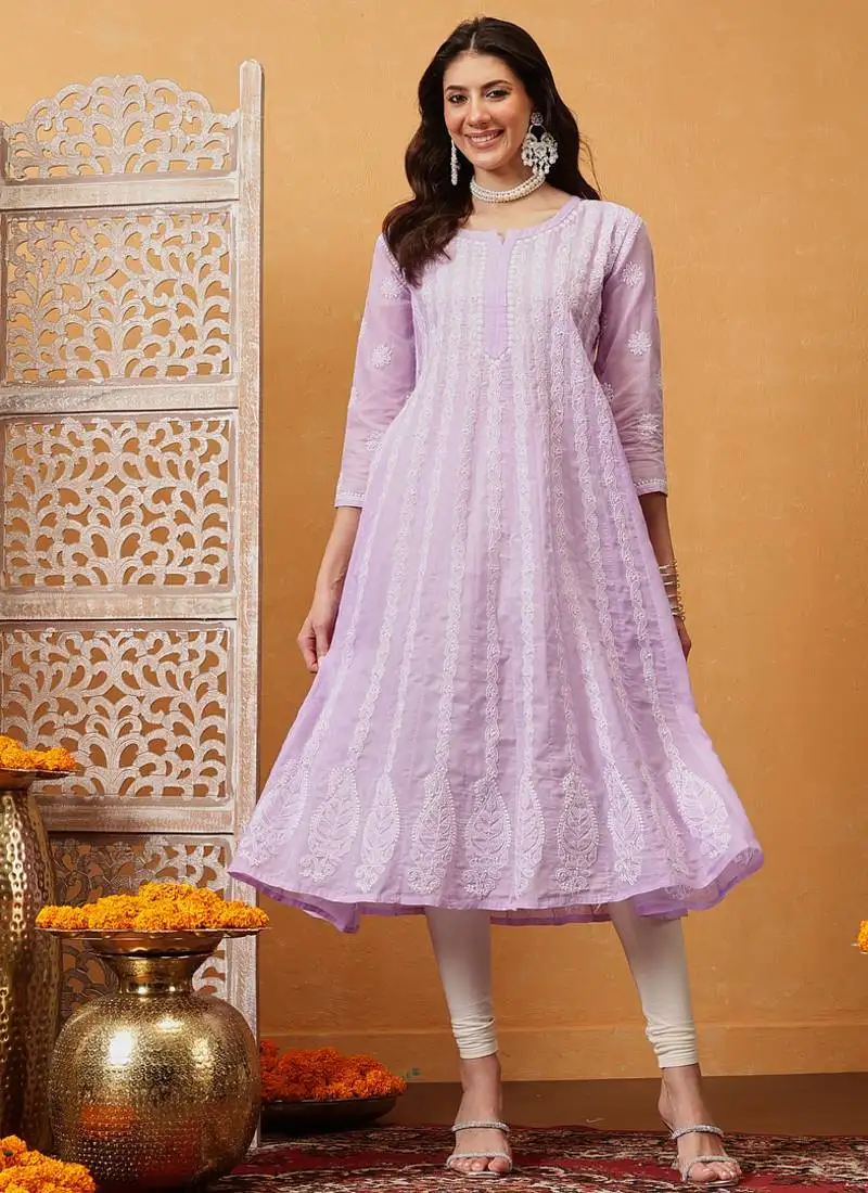 Hand embroidered lavender cotton lucknowi chikankari anarkali a-line kurta