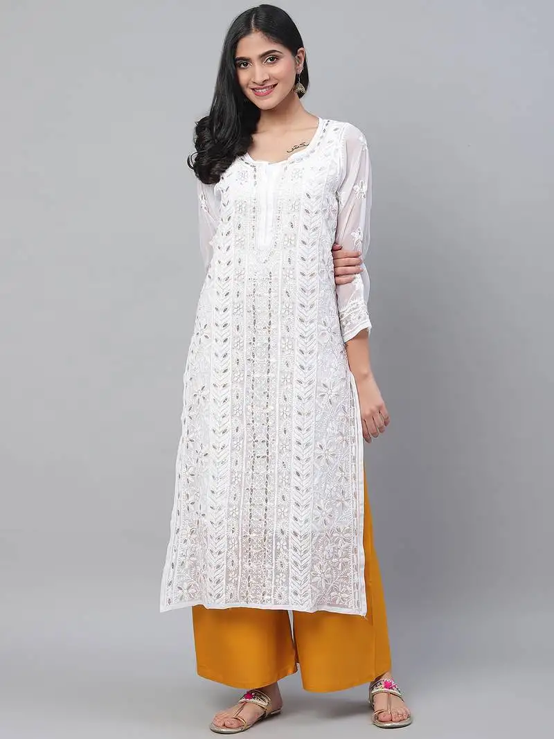Hand embroidered white georgette lucknowi chikankari straight kurta and slip with gota patti work
