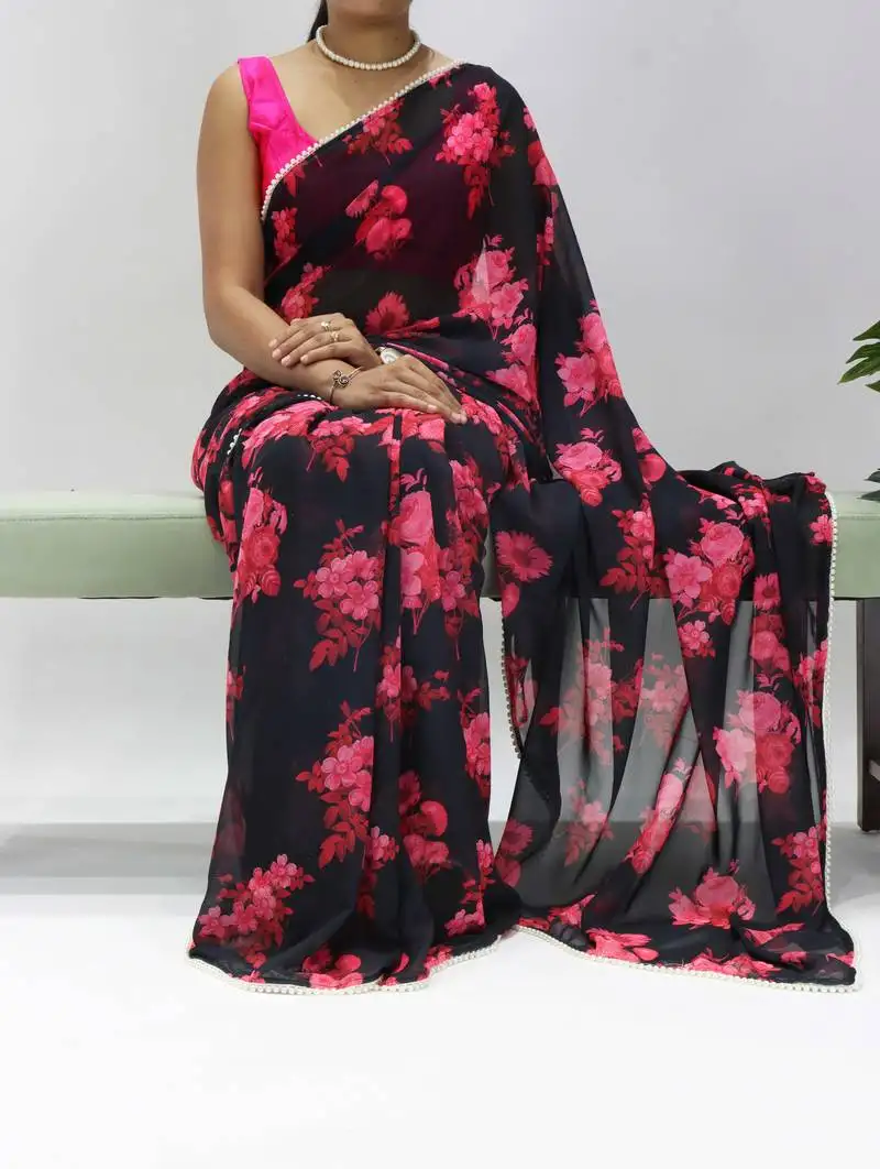 Black-pink floral printed weightless saree with unstitched blouse