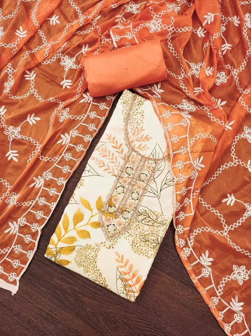 Women's white printed handwork dress material unstitched