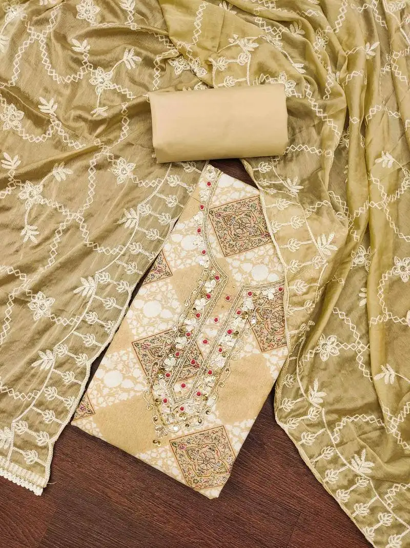 Women's beige handwork dress material unstitched