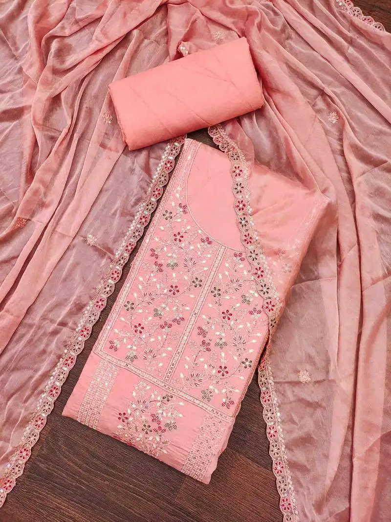 Women's peach handwork dress material unstitched