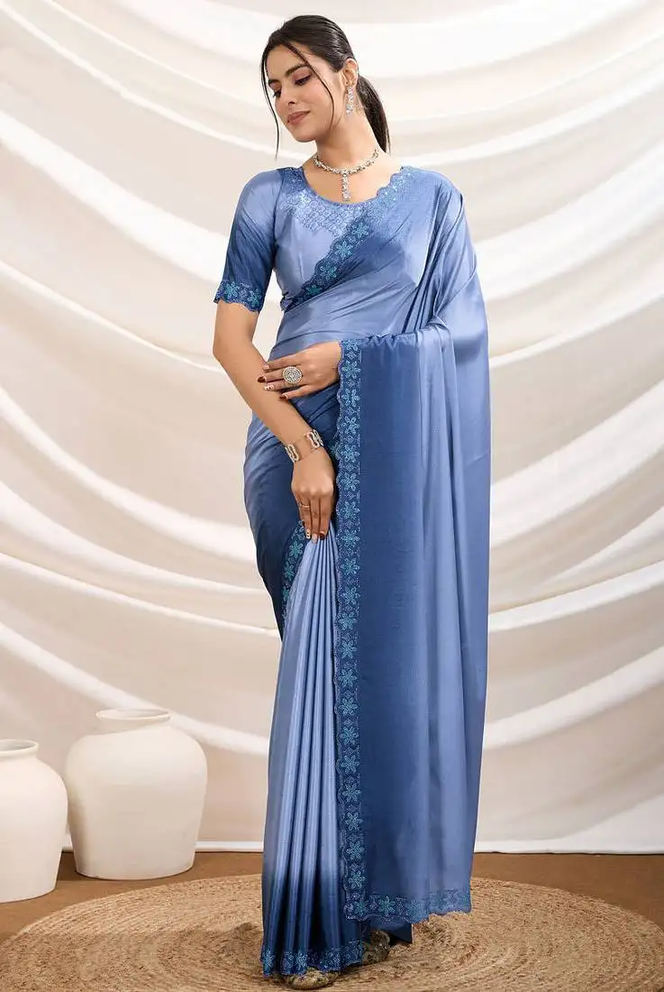 Light blue ombre dyed crepe dual tone stone border work saree with blouse