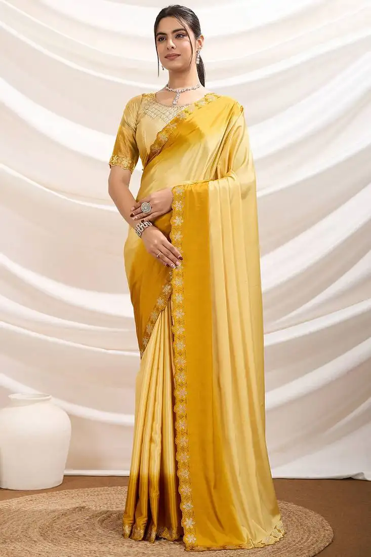 Yellow ombre dyed crepe dual tone stone border work saree with blouse
