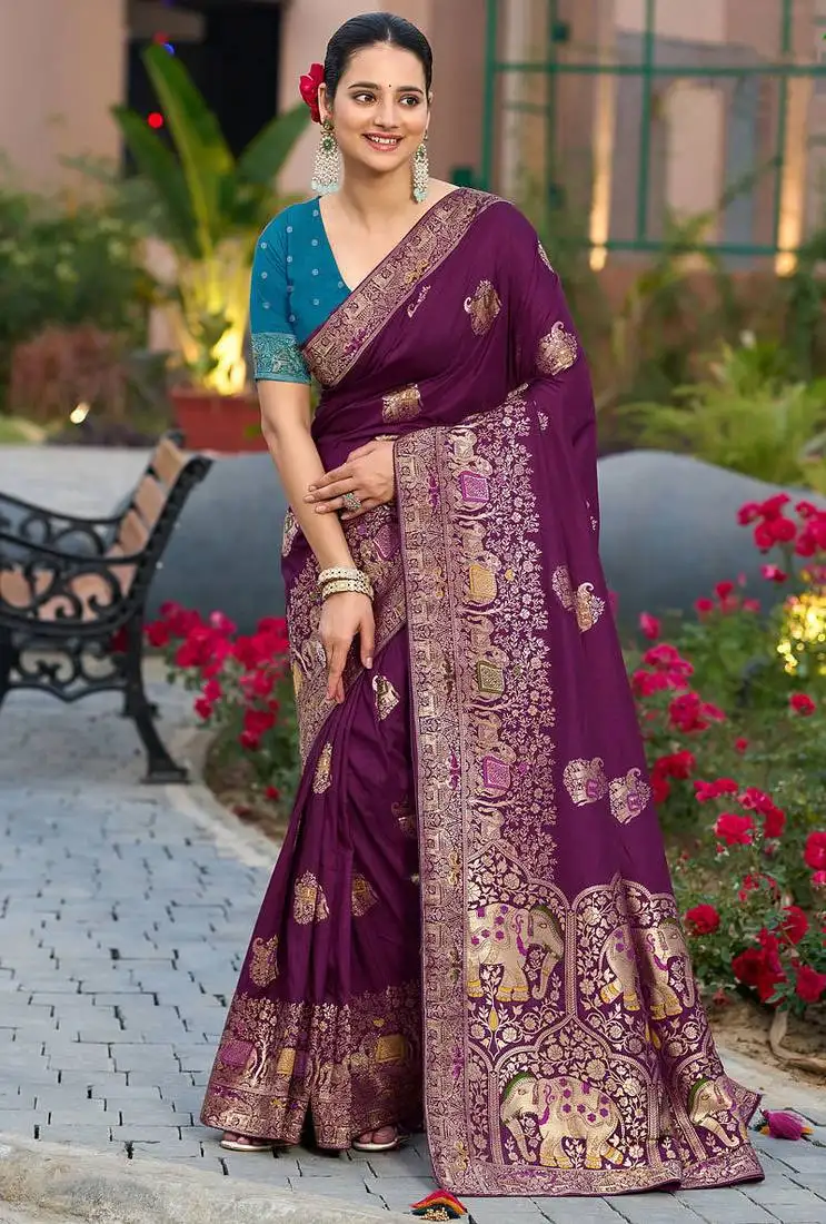 Wine pure dola silk jacquard woven saree with blouse