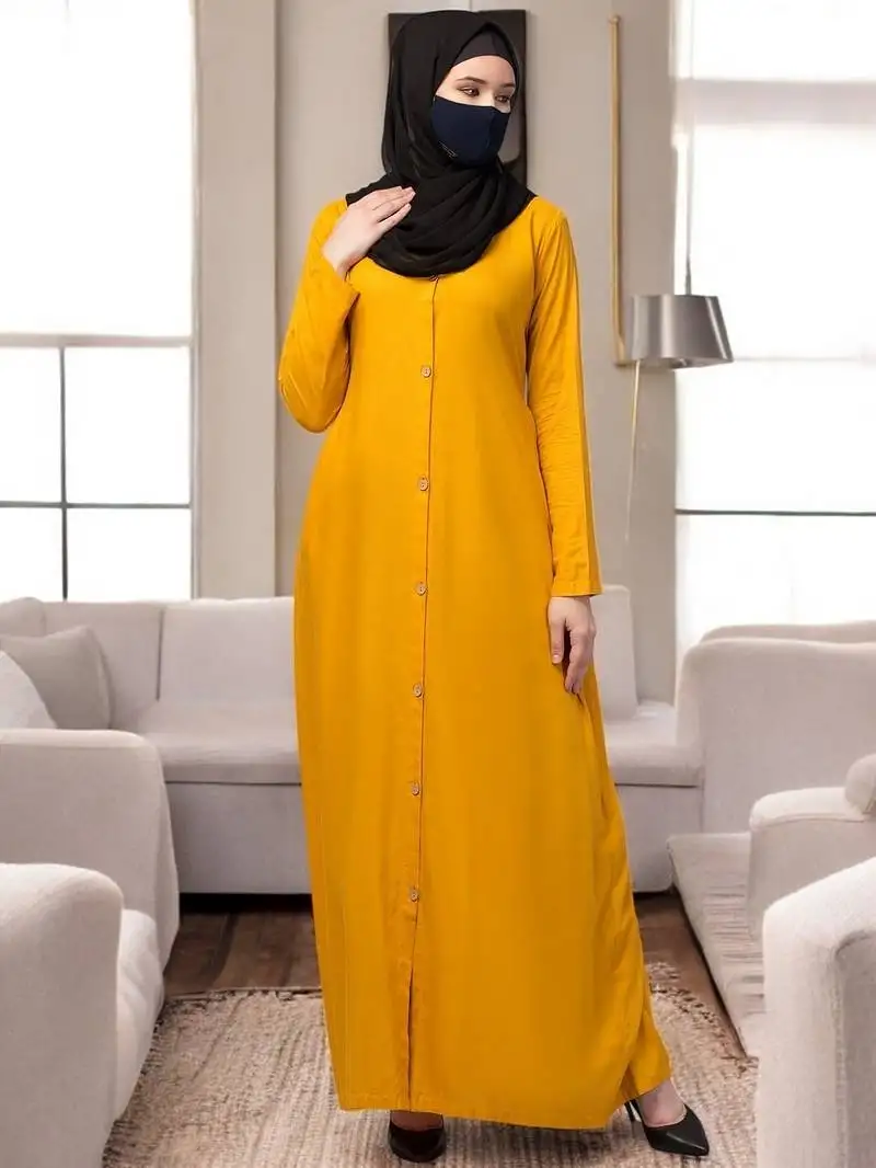 Mustard elegant front open abaya dress with wooden button