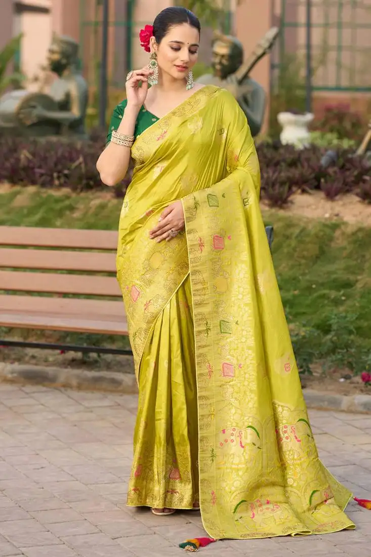 Lemon pure dola silk jacquard woven saree with blouse