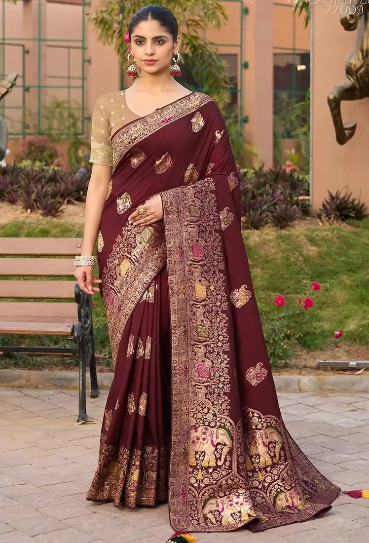 Maroon pure dola silk jacquard woven saree with blouse