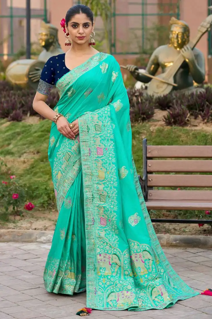 Turquoise pure dola silk jacquard woven saree with blouse