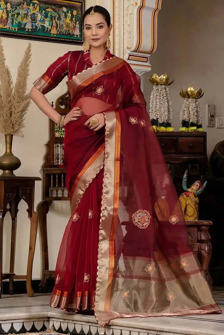 Maroon kota linen handwork butta zari woven patta, woven pallu with sequins touch saree with blouse