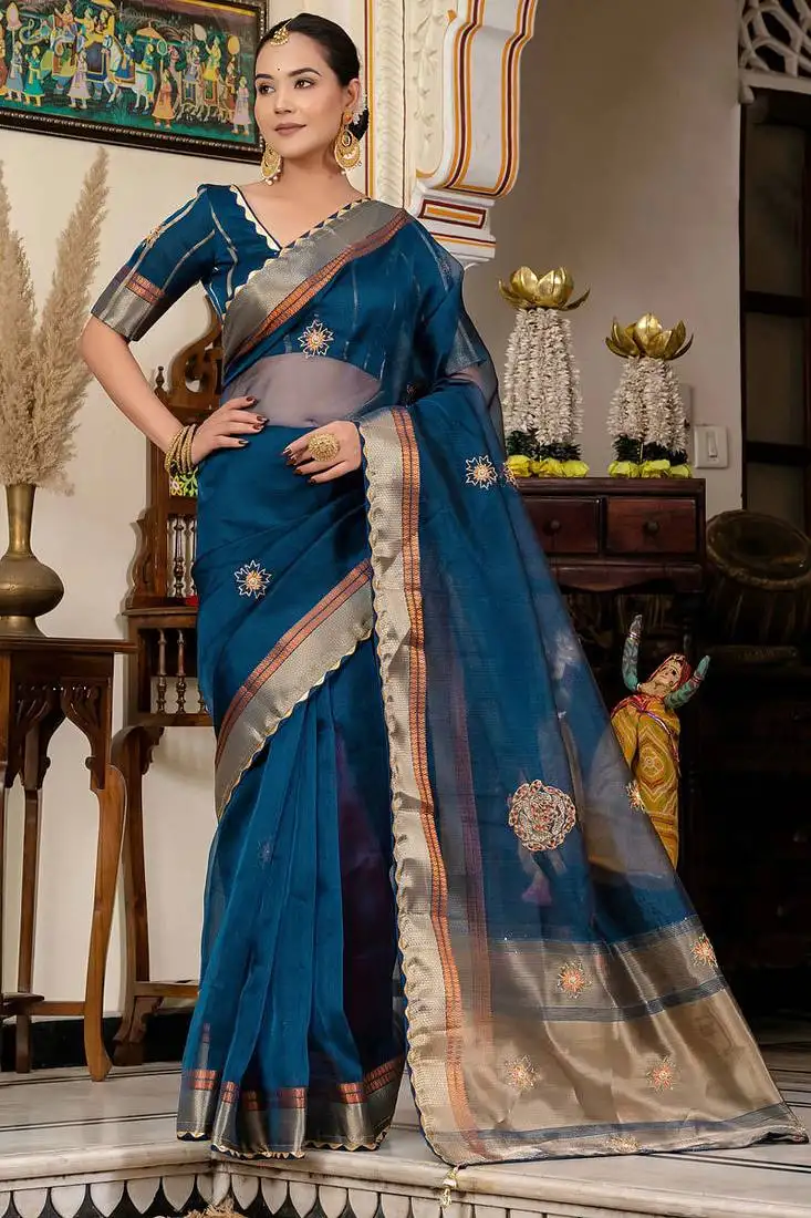Blue kota linen handwork butta zari woven patta, woven pallu with sequins touch saree with blouse