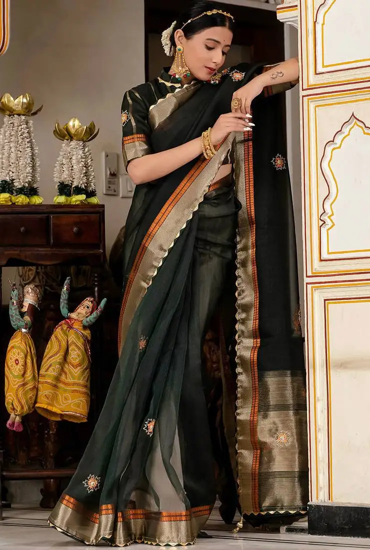 Dark green kota linen handwork butta zari woven patta, woven pallu with sequins touch saree with blouse