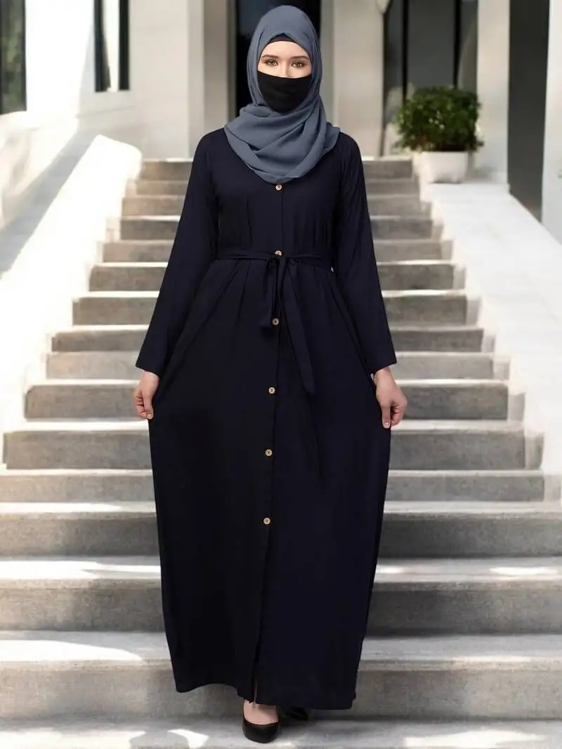 Navy-blue elegant front open abaya dress with wooden button