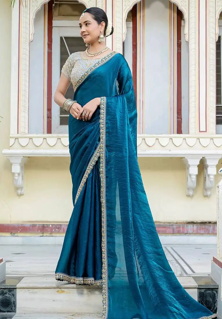 Teal blue satin with velvet lustre sheen handwork lace with piping & cutwork saree with blouse