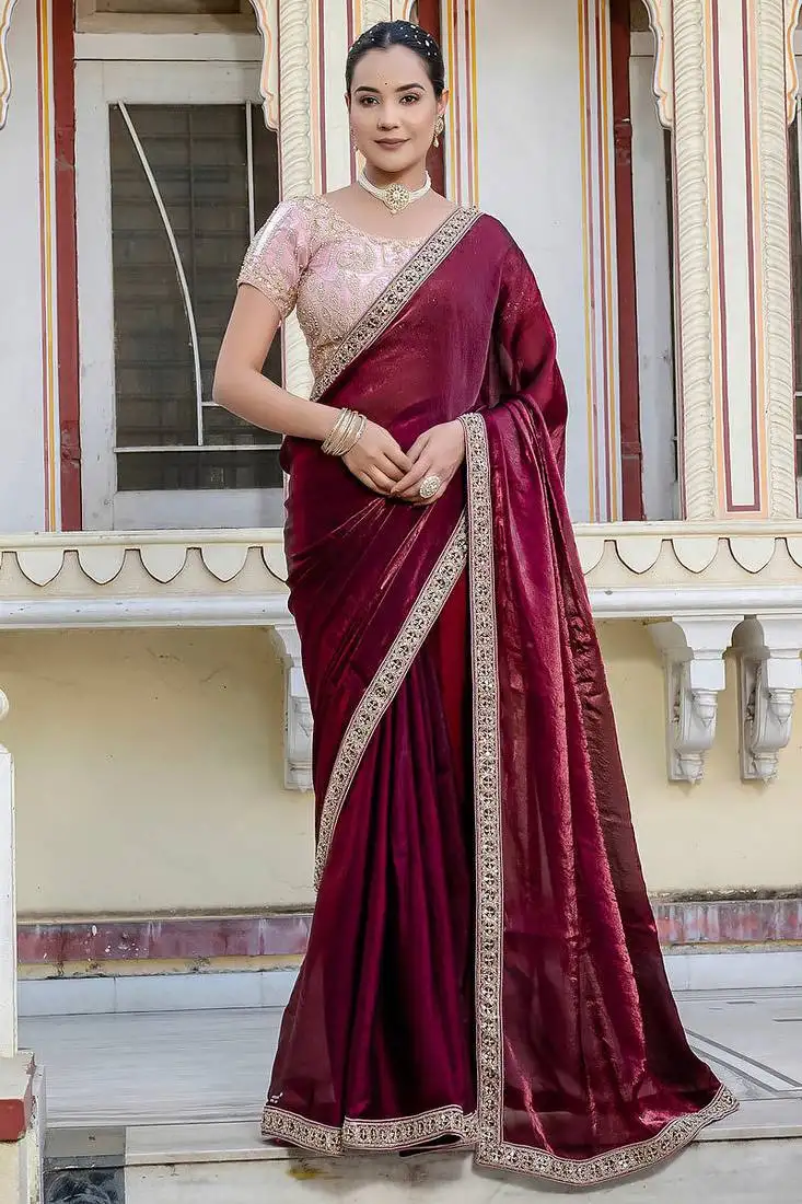 Wine satin with velvet lustre sheen handwork lace with piping & cutwork saree with blouse