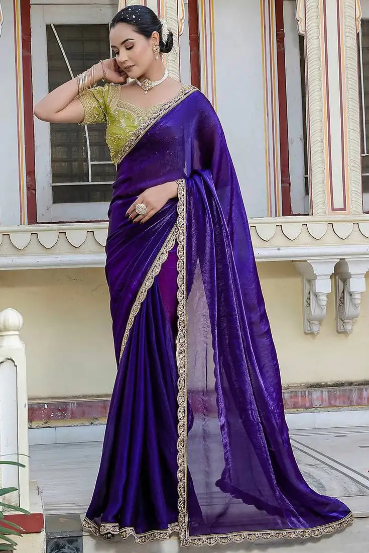 Violet satin with velvet lustre sheen handwork lace with piping & cutwork saree with blouse
