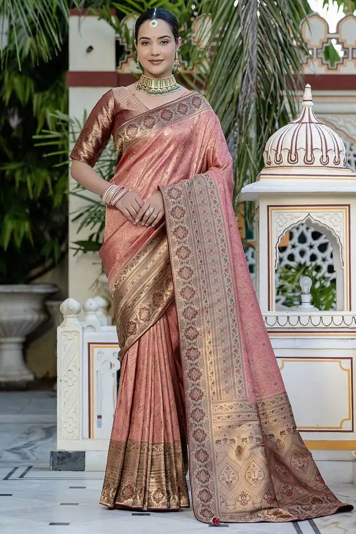 Peach kanjivaram silk soft zari & meenakari woven saree with blouse