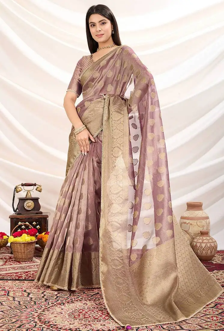 Light purple crush tissue silk zari woven (butta, patta & rich pallu) saree with blouse
