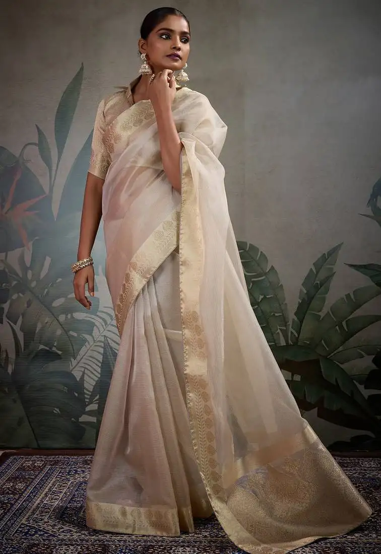 Cream tissue silk woven patta & pallu saree with blouse