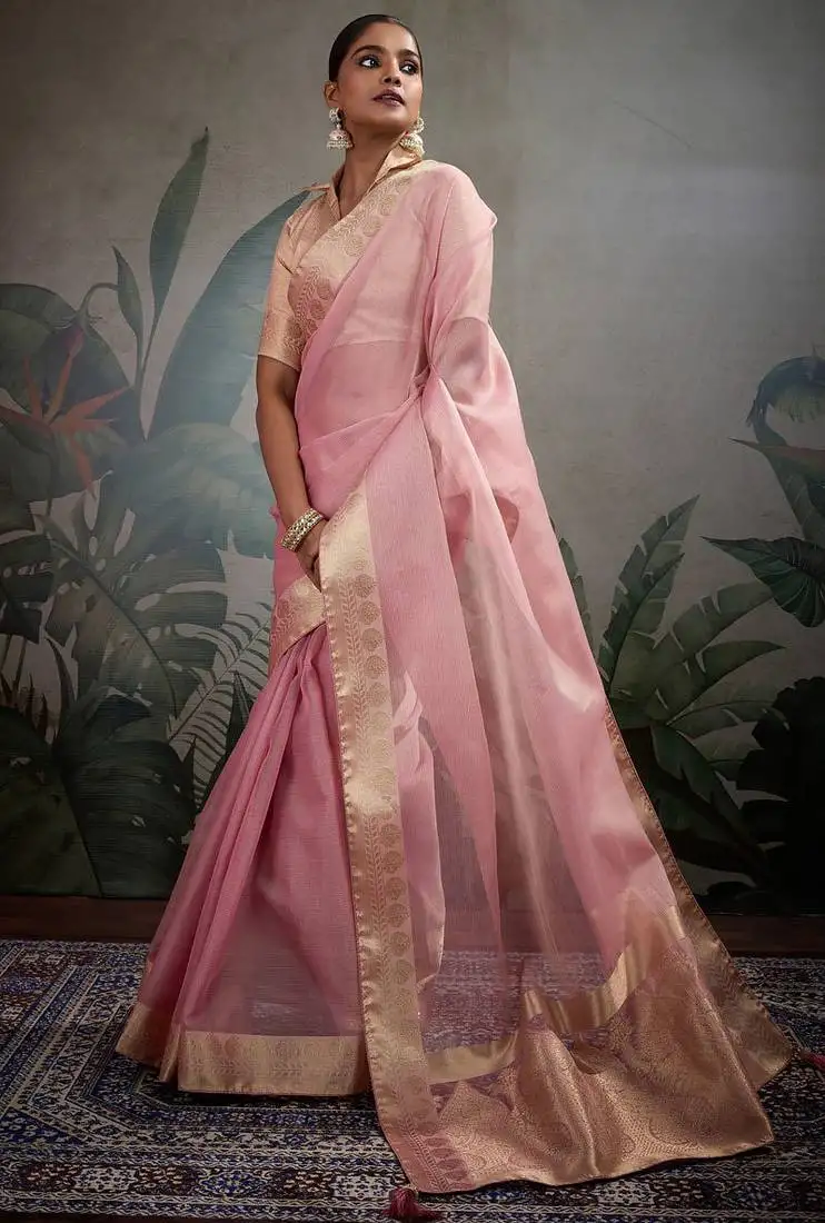 Pink tissue silk woven patta & pallu saree with blouse
