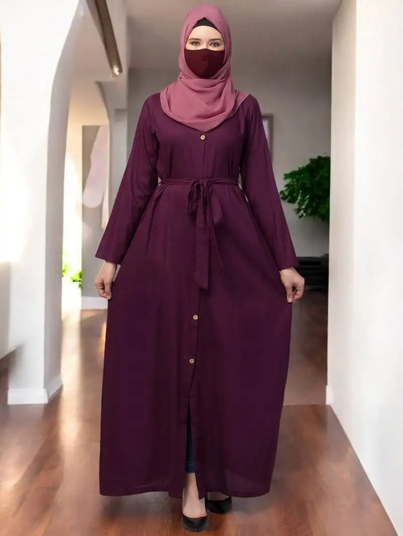 Purple elegant front open abaya dress with wooden button and belt