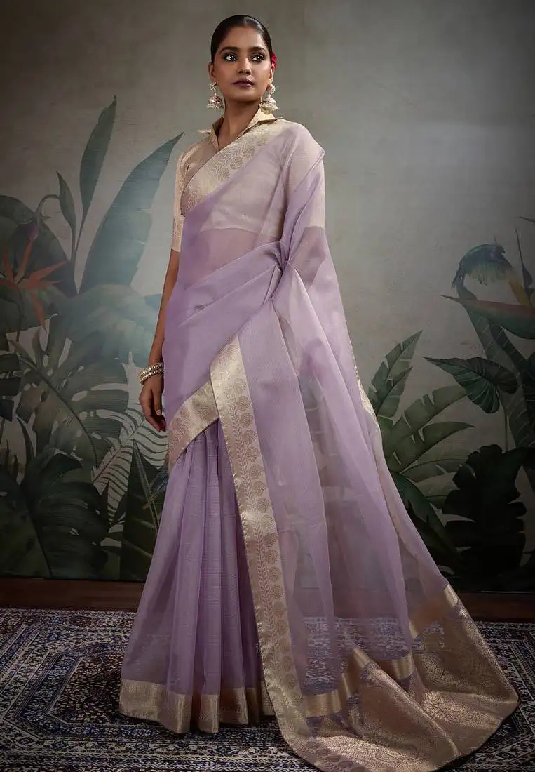 Lavender tissue silk woven patta & pallu saree with blouse