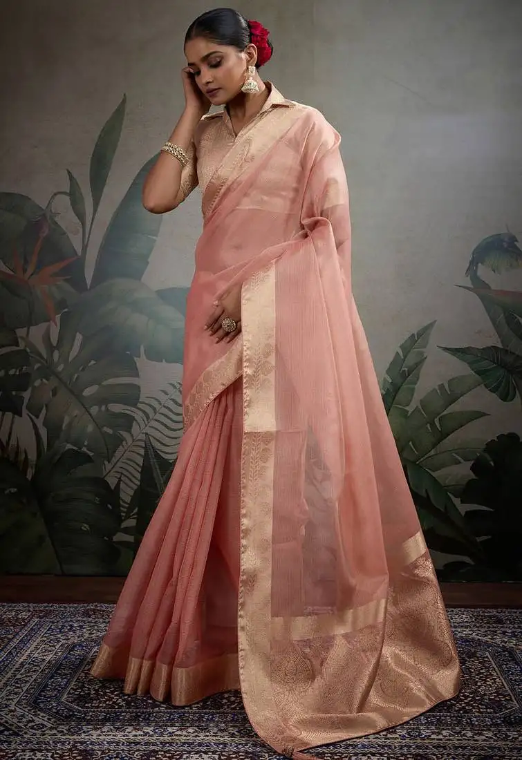 Peach tissue silk woven patta & pallu saree with blouse