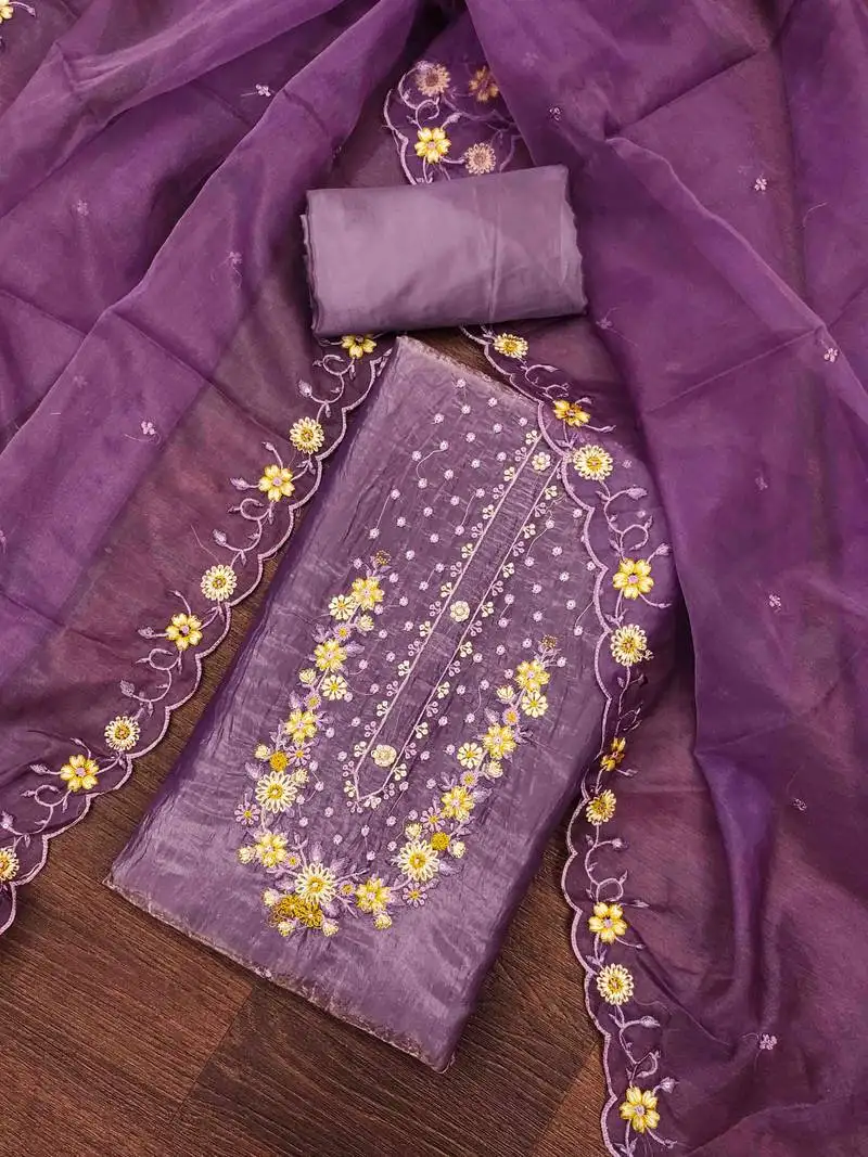 Women's purple handwork dress material unstitched