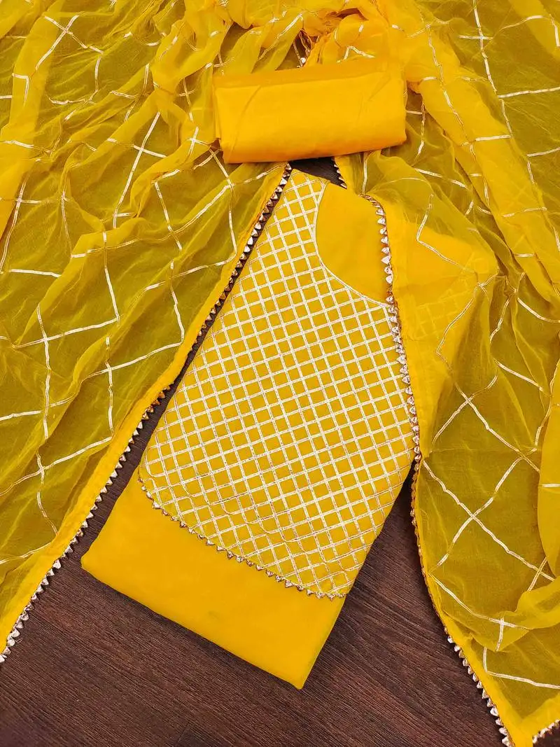 Women's yellow gota work dress material unstitched