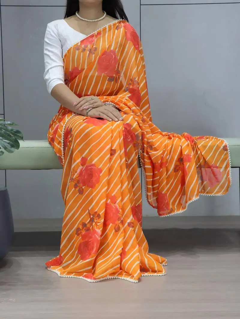 Orange leheriya printed weightless saree with unstitched blouse