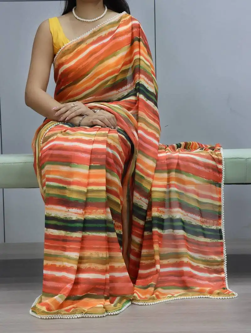 Multicolor leheriya printed weightless saree with unstitched blouse