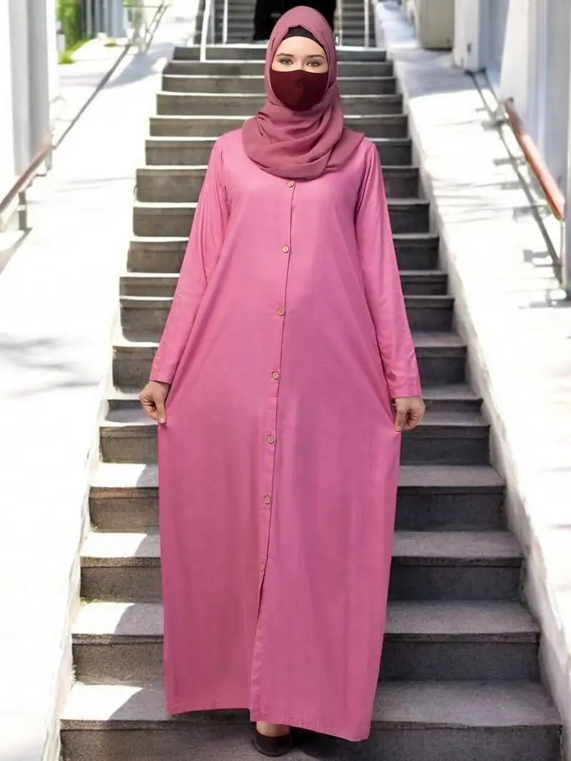 Pink elegant front open abaya dress with wooden button