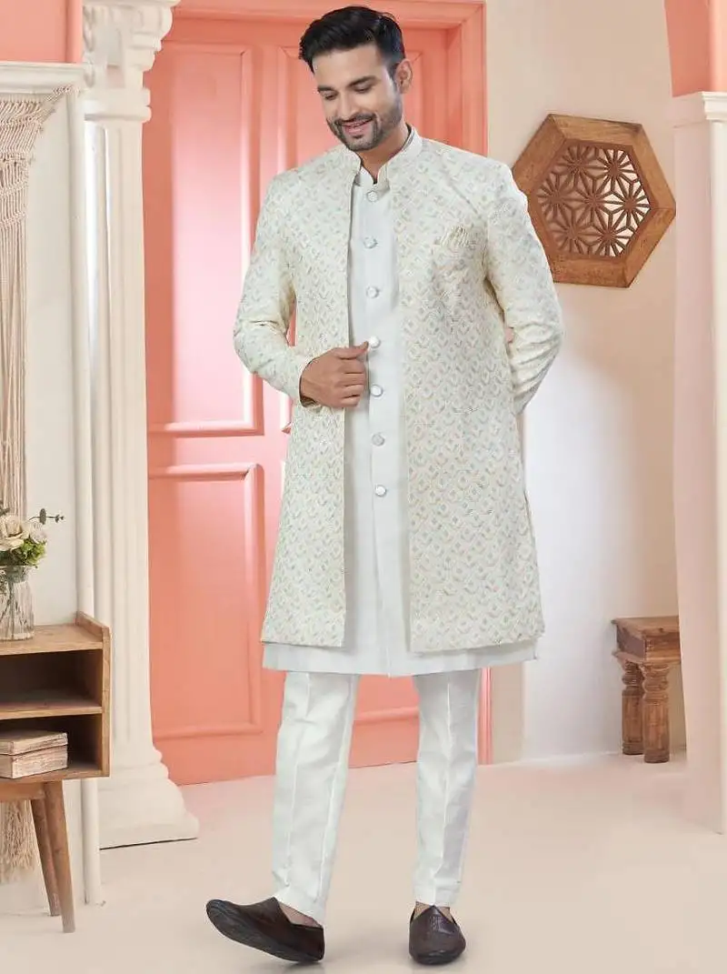 White art silk embroidery kurta pyjama with sequence work long jacket indo western for mens wear