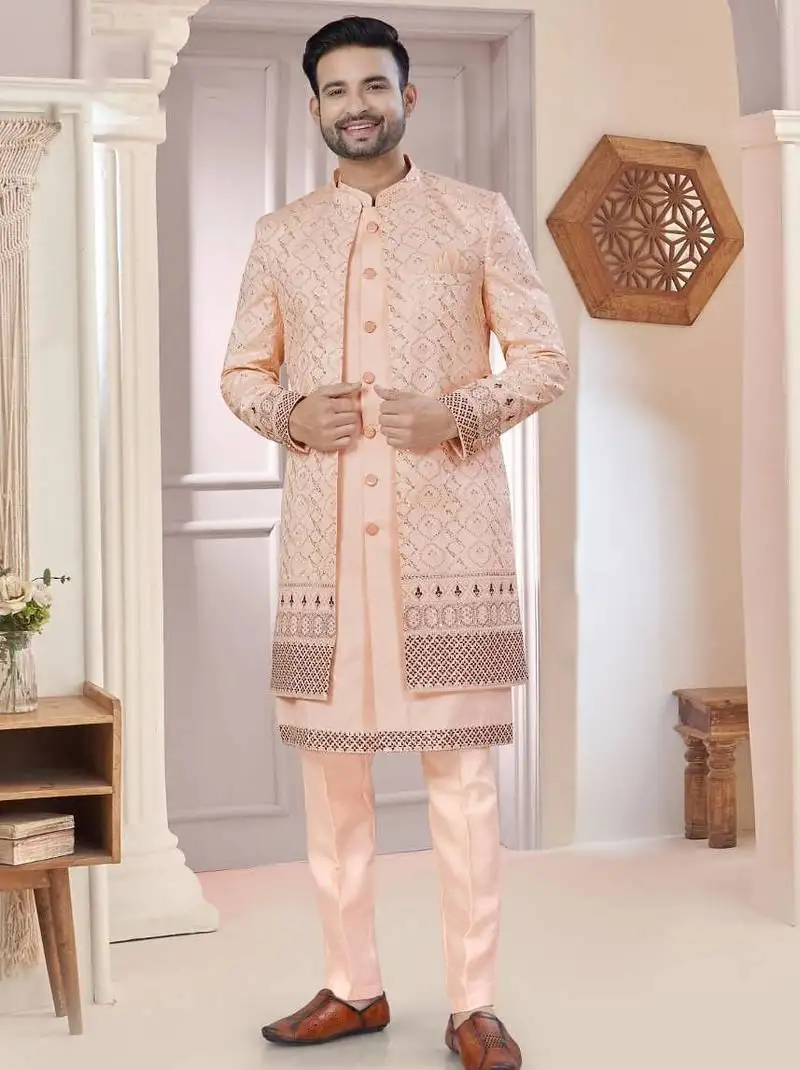 Peach art silk embroidery kurta pyjama with sequence work long jacket indo western for mens wear