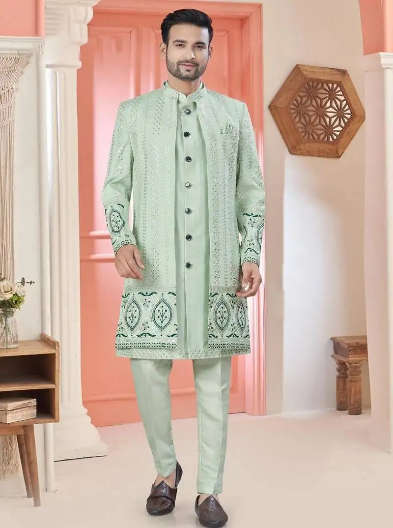 Pista art silk embroidery kurta pyjama with sequence work long jacket indo western for mens wear