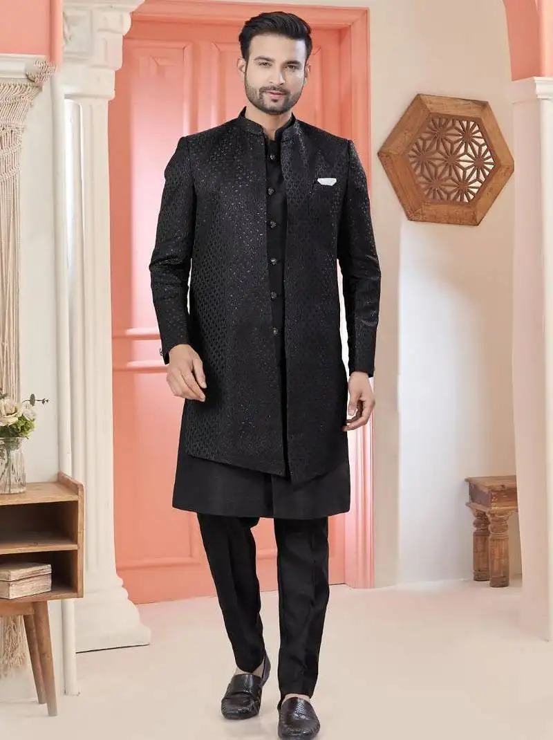Black art silk embroidery kurta pyjama with sequence work long jacket indo western for mens wear