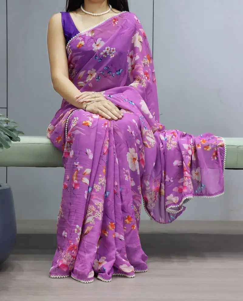 Purple floral printed weightless saree with unstitched blouse
