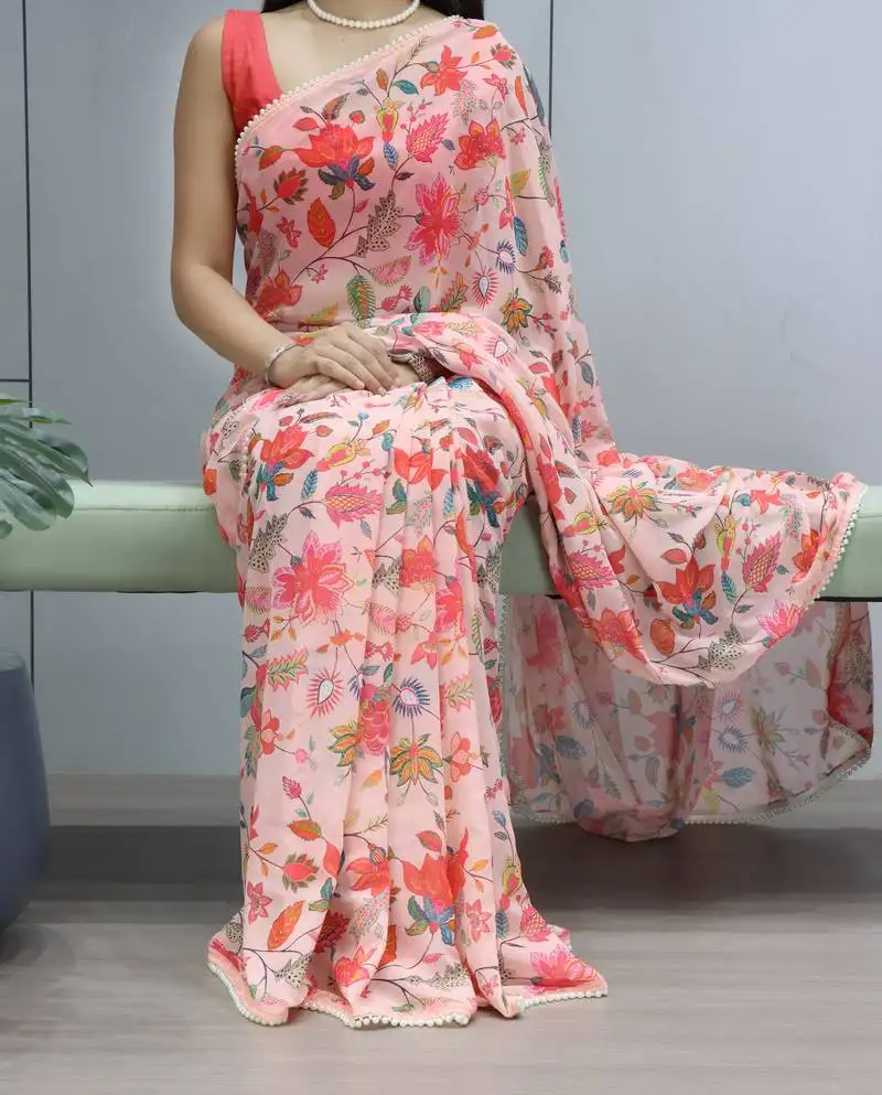 Peach floral printed weightless saree with unstitched blouse