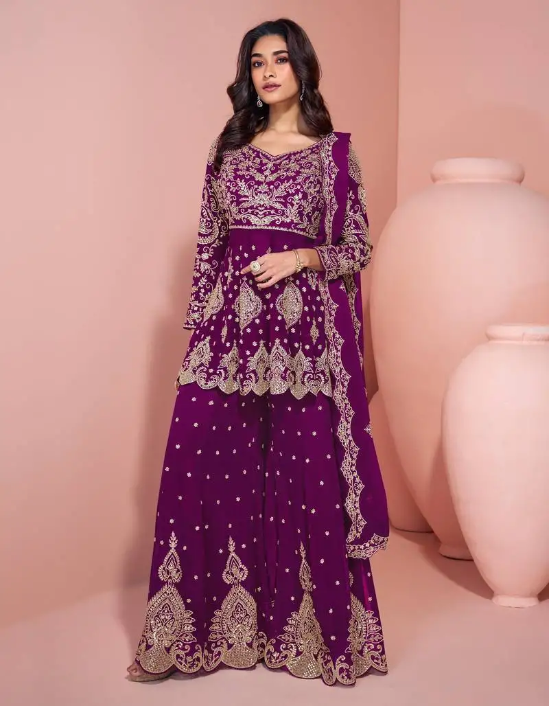 Purple embroidered georgette sharara style salwar suit semi stitched