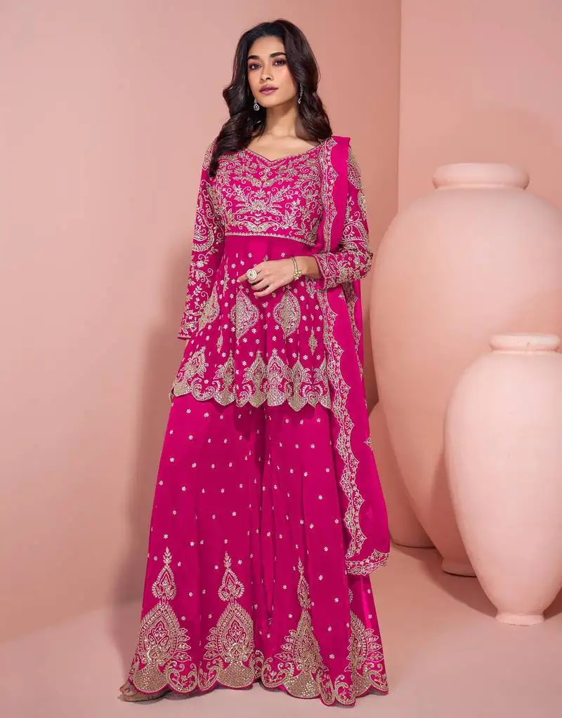 Pink embroidered georgette kurta suit with dupatta semi stitched