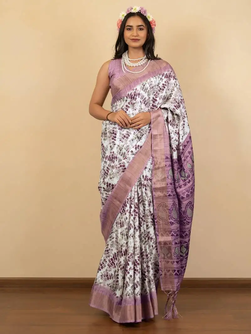 Off white cotton silk blend abstract print golden zari border saree with unstitched blouse piece