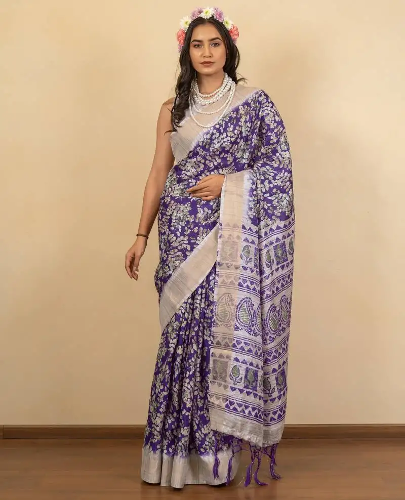 Purple cotton silk abstract print golden zari border saree with unstitched blouse piece