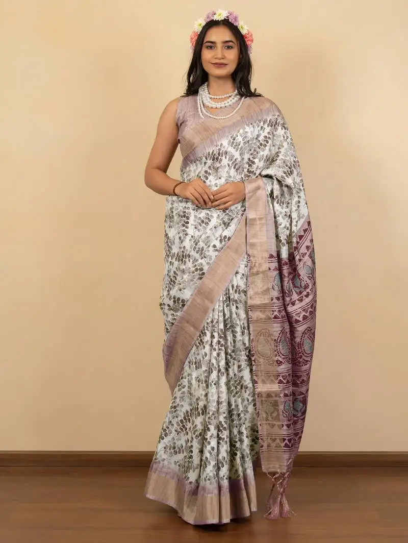 Off white cotton silk abstract print golden zari border saree with unstitched blouse piece