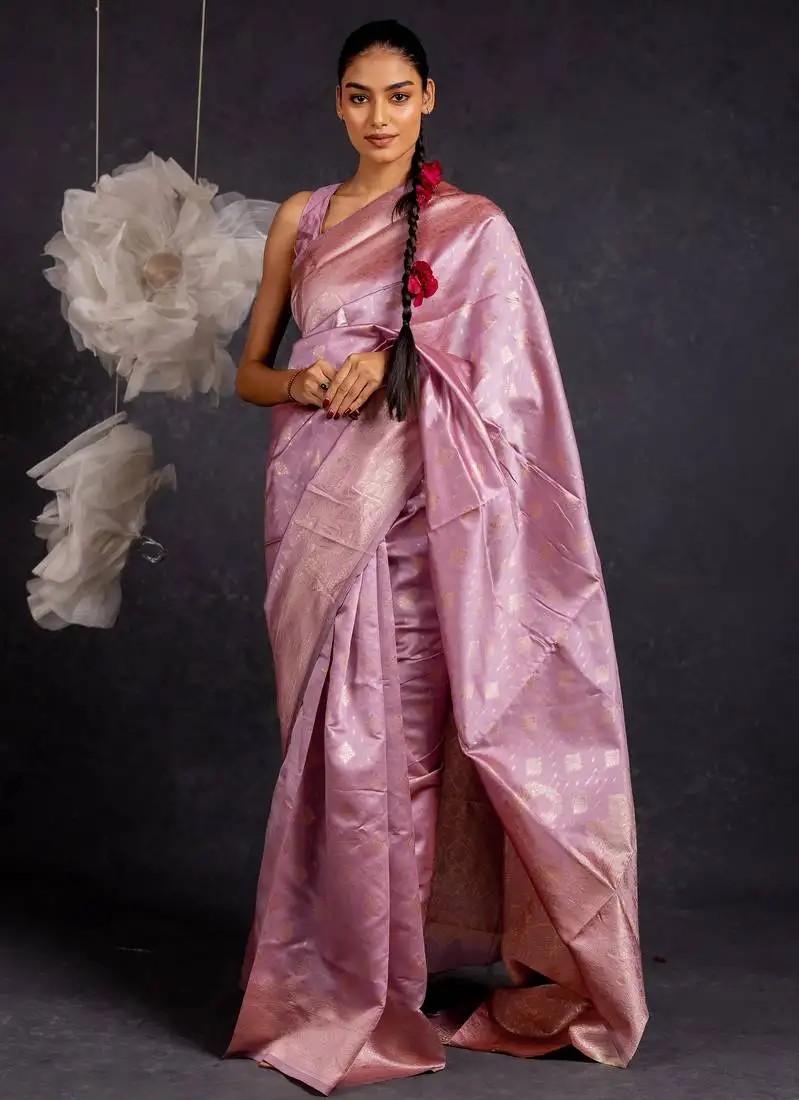 Dusty lavender silk blend woven design golden zari border saree with unstitched blouse piece